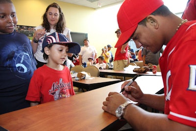 Shortstop and second basemen Alberto Gonzalez autographed baseballs and cards during lunch.