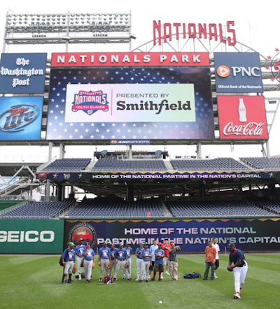 Smithfield's logo could be seen on the stadium's 4,532-square-foot scoreboard throughout the day.