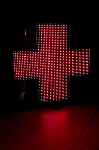 On a video wall, Frost projected images of the so-called 'Glamorama icons,' which included crosses and hearts and appeared in the event's collateral.