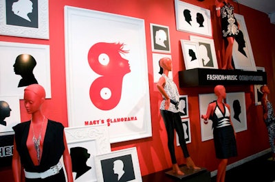 The Glamorama logo, which used record shapes to form a lowercase G, appeared on a silhouette wall at the after-party at Macy's on State Street.