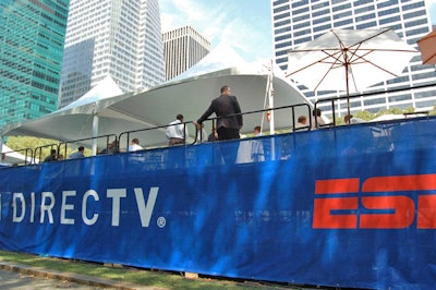 Large banners covering the bleacher-like seating were clearly visible throughout the Midtown park.