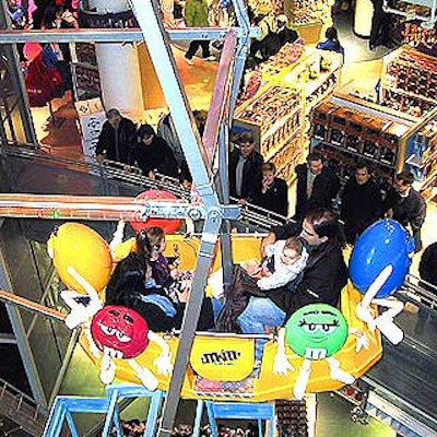 One of the cars on the in-store ferris wheel is branded with the M&M's cartoon characters.