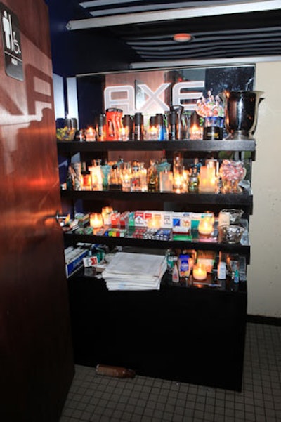 Everything the Axe man needs can be found at the complimentary Axe Bodyspray (and related products) fragrance buffet in the men's room of Southampton's Axe Lounge. Everything but the morning-after pill...
