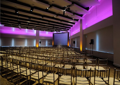 The modern facility is equipped for large presentations and offers built-in audiovisual equipment as well as Internet access and blackout shades for the large windows.