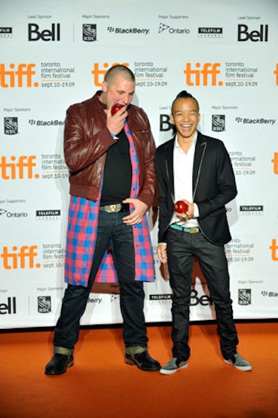 Designers Evan Biddell and Sunny Fong of Greta Constantine posed for photographers at the step-and-repeat—a first for TIFF's opening night gala.