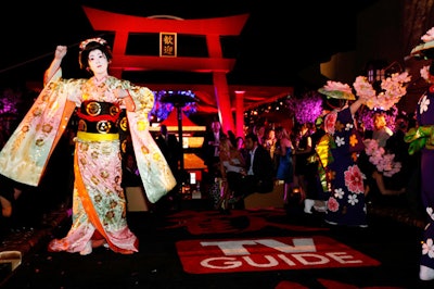 For TV Guide's 2008 party, Event Eleven created a Japanese-influenced look with cherry blossoms, Japanese maple and bonsai trees, and bamboo stalks.