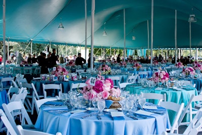 Lunch tables were dressed up with BBJ's Tiffany-blue linens and Kehoe Designs' pink floral arrangements.