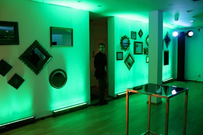 Phase 3 Productions planned the Jameson Irish Whiskey-sponsored party for the Irish Film Board. Green lighting filled the venue, a collage of mirrors hung on the wall, and guests walked a green carpet.