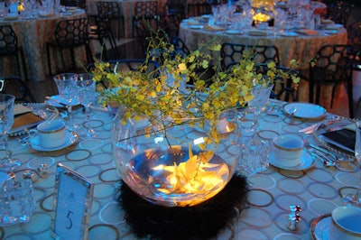 Uplit centerpieces held yellow Oncidium orchids.