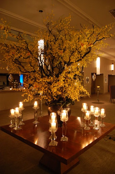 A tall arrangement of yellow orchids, from San Remo Florist, topped a table at the entrance to the grand foyer.