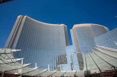Aria Resort & Casino, designed by Pelli Clarke Pelli Architects, is a soaring 4,004-room steel and glass structure.