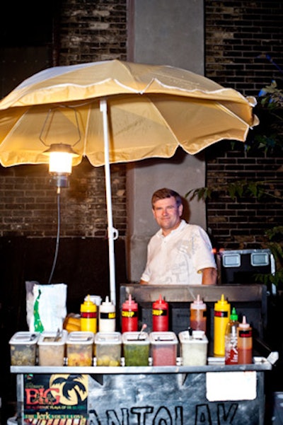 A hot dog vendor was part of a New York street scene set outside the theatre.