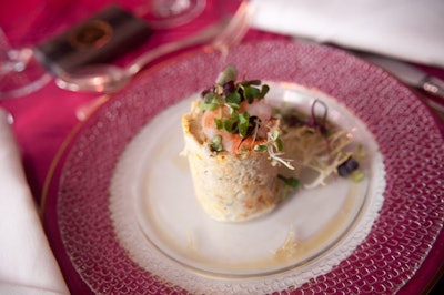 Design Cuisine served a Maryland crab, shrimp, scallop, and new pumpkin vertical salad with organic micro greens and a pumpkin seed vinaigrette for the first course.