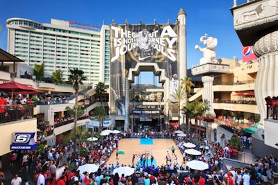 A basketball court sat in the center of the Hollywood & Highland complex.