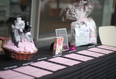 Pink bidding sheets sat in front of auction items.