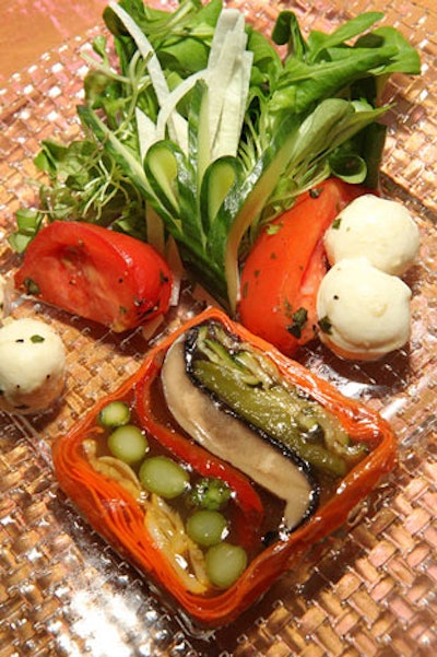 The Opera Ball's three-course dinner began with a terrine of vegetables and roasted tomatoes with buffalo mozzarella.