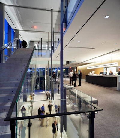 The trilevel Leslie and Anna Dan Gallerias serve as the Koerner Hall lobbies and offer views of the University of Toronto, the Royal Ontario Museum, and the city skyline.