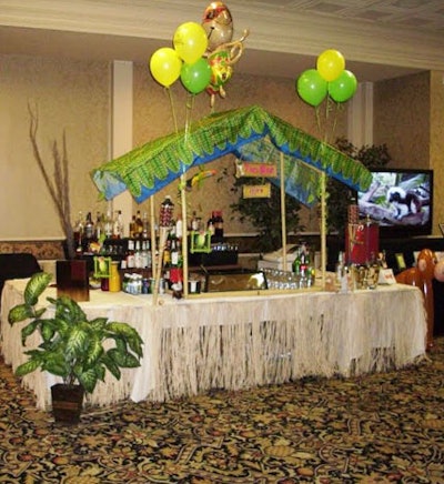A kitschy tiki bar contributed to the jungle theme.