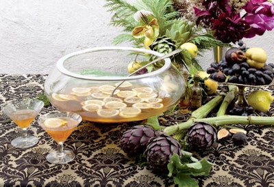 Scandinavian punch bowl from DC Rental, shown with antiques from Props for Today and linen from Party Rental Ltd.; styling by Bridget Vizoso of the Designers ' Co-Op