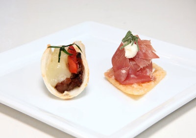 Taste Caterers served braised short rib soft tacos with Manchego and tomato relish tied with a chive and Parmesan crisps with prosciutto, mascarpone, and sage.