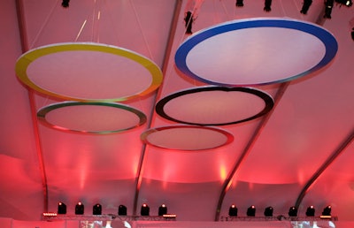 Olympic rings fixtures hung from the top of the tent.