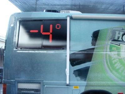 Corso indicated the bus's inside temperature, minus 4 degrees Celsius, on the outside of the back window.
