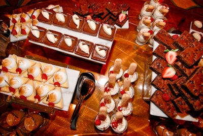 The hotel set up dessert stations of brownies, cakes, and other confections for the after-dinner reception.