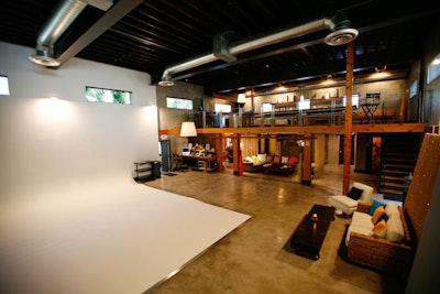 Studio A has a mezzanine above its lounge area, overlooking the expansive main floor.