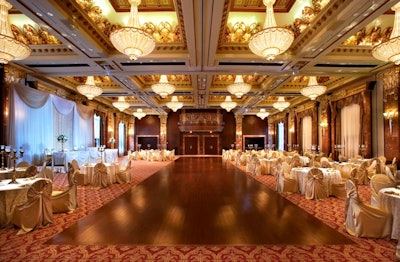 The Grand Victorian Ballroom, which has 26-foot ceilings and two dozen 800-pound crystal chandeliers, seats 450 for dinner and holds as many as 650 for receptions.
