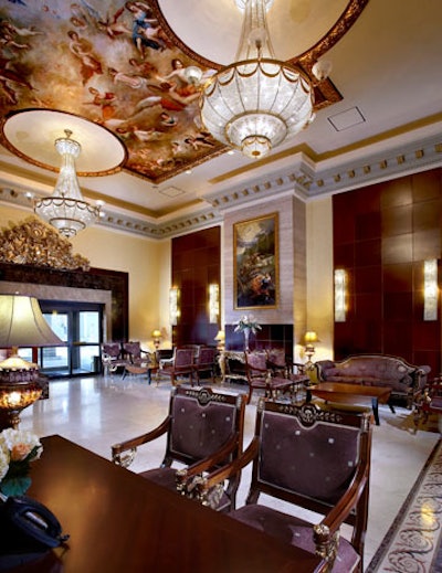 Victorian-inspired furnishings fill the hotel lobby.