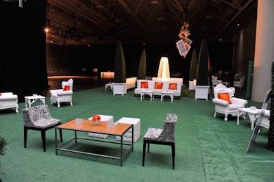 Lakin used green turf and orange and white furnishings to create a whimsical feel for the after-party, sponsored by Palm.