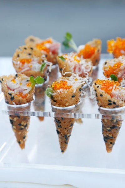 Sesame cones served from a cutout Lucite box were among the offerings.