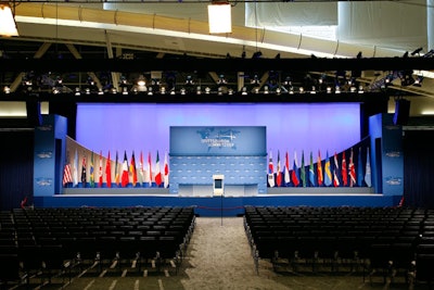 Hargrove built seating in the primary briefing area for 900 members of the media, and had tiered platforms with room for almost 50 cameras.