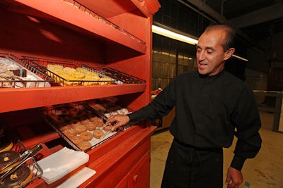 Limelight Catering interspersed trays of real donuts with props from the set of Superior Donuts; servers helped guests distinguish which treats were edible.