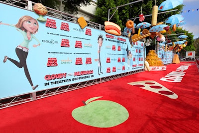 For the Cloudy With a Chance of Meatballs premiere, overseen by Sony's Alison Bossert, oversize food props decorated the red carpet arrivals produced by 15/40 Productions at Mann's Village Theatre. With many kids at the lunch-time screening, 15/40 created lunch boxes filled with sustenance for the young crowd, who also picked up stuffed toys when they left.
