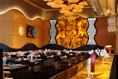 The restaurant is decorated in rich shades of butterscotch, orange, gold, and chocolate.