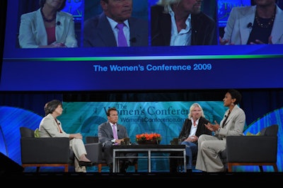 Sheila Bair, Governor Arnold Schwarzenegger, Richard Branson, and Robin Roberts took to the stage for a panel at the Women's Conference.
