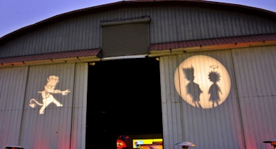 Gobos of Simpsons characters decorated the exterior of the hangar.