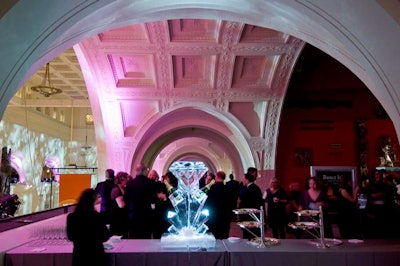 A diamond-shaped ice sculpture kept champagne chilled at the bar.