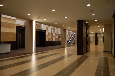 A travertine and limestone feature wall in the north foyer measures 40 feet high by 200 feet long.