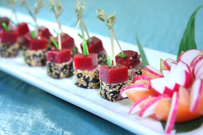 Ahi tuna rolls topped with Driscoll strawberry clouds were among the passed hors d'oeuvres by Windows Catering.