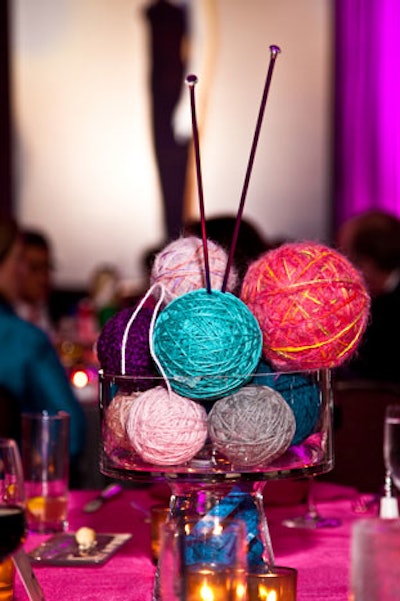 Fiddlehead Flowers created centerpieces comprised of spools of thread, buttons, and sewing needles in a vase. Following the event, the contents were donated to the School of Fashion Design to be recycled for future design projects.