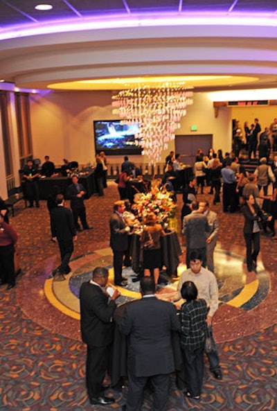 A stylized chandelier hangs over the lobby.