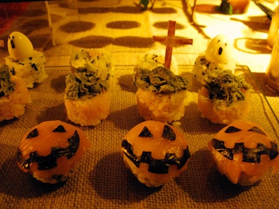 Flavor Palette's menu of savory dishes included sushi decorated to look like jack-o-lanterns, ghosts, and graves.