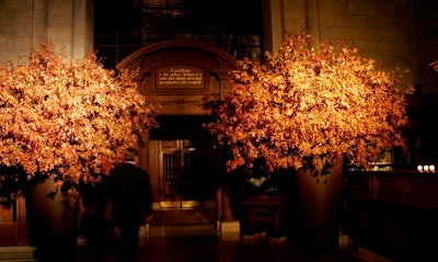 Entry to the dining area inside the Humanities and Social Sciences Library was marked by giant arrangements of paper leaves.