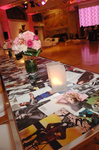 Photo spreads from Flare topped cocktail tables throughout the space.