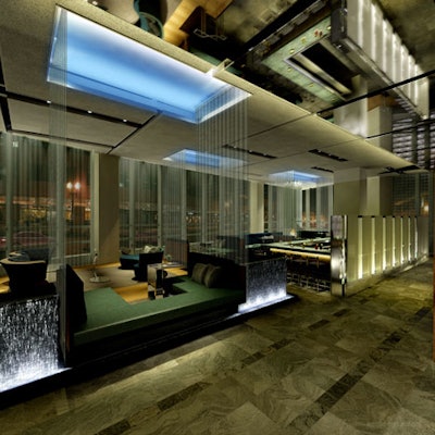 The lobby level W Bar features mirrored ceilings and cascading water.