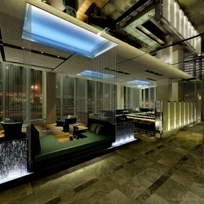 The lobby level W Bar features mirrored ceilings and cascading water.