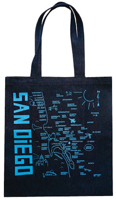 A Helpful Carryall: Custom denim Maptote, $25, plus additional fees for customization, bulk pricing available.