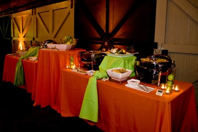 Puff 'n Stuff Catering LLC set up buffets of heavy hors d 'oeuvres such as vegetable spring rolls, chicken and lemongrass pot stickers, and various cheese and vegetable options for dinner.